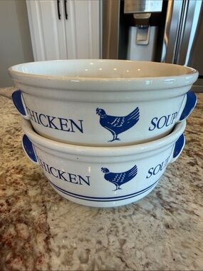 Set of 2 Vintage FTDA Blue Chicken Soup Bowls with Handles